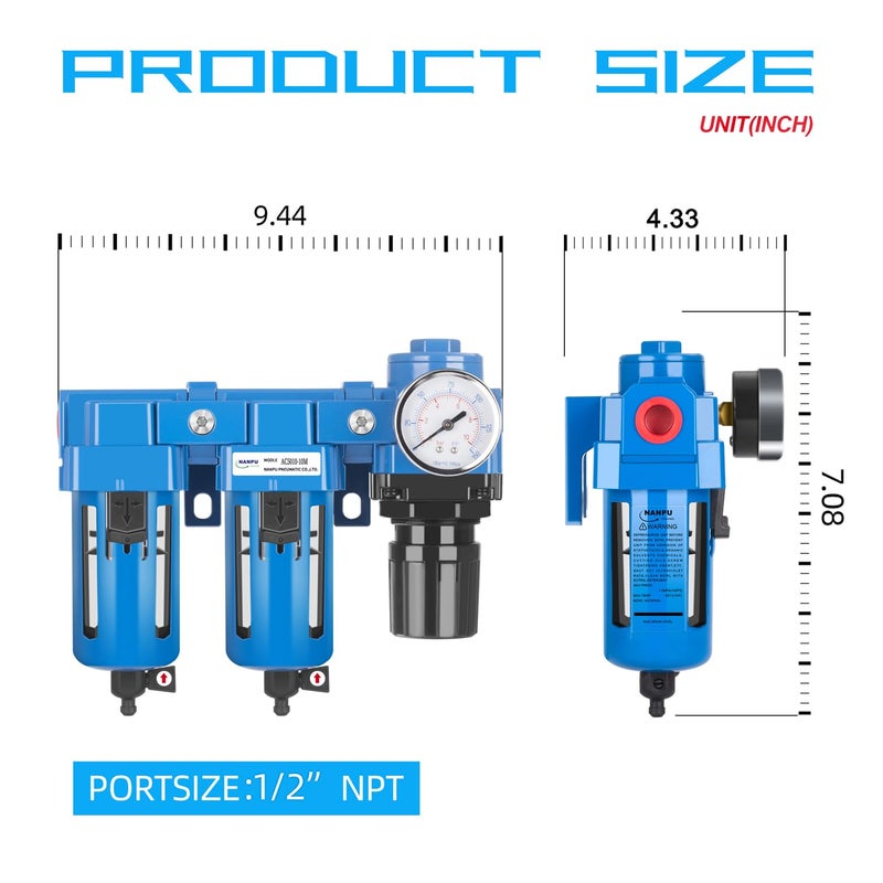 NANPU 1/2" NPT Air Drying System - Double Air Filters, Air Pressure Regulator Combo - Manual Drain, Poly Bowl - DFR-04M - Image 4
